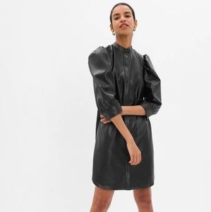 NWT, Gap Puff Sleeve Black Faux-Leather Mini Shirtdress Large Tall